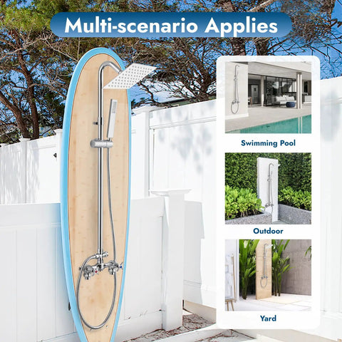 Wall Mount Outdoor Shower Kit With Chrome Rainfall Head And Handheld Spray shown in various outdoor settings. Rust Resistant Stainless Steel And Brass Construction.