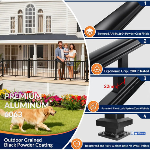 Aluminum Stair Railing Kit With One Post One Panel 36 Inch High 5 Foot Wide Black Textured Powder Coat Finish Outdoor Deck Porch Balcony Railing System Built To Last IBC IRC ASTM Compliant