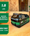 MultiVolt 18V 36V Lithium Ion Battery Pack With 5.0Ah For 18V Tools And 2.5Ah For 36V Tools Water Resistant And Impact Resistant Cordless Tool Battery For All 18V 36V Tools Model 382309M showcasing weight and features on a workshop table