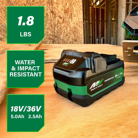 MultiVolt 18V 36V Lithium Ion Battery Pack With 5.0Ah For 18V Tools And 2.5Ah For 36V Tools Water Resistant And Impact Resistant Cordless Tool Battery For All 18V 36V Tools Model 382309M showcasing weight and features on a workshop table