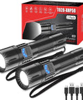 Ultra Bright Tactical Flashlight With Zoomable Beam And Five Lighting Modes, IPX7 Waterproof Handheld Torch, Real Lumen Output With XHP50 LED, Battery Not Included, 2 Pack with charging cables