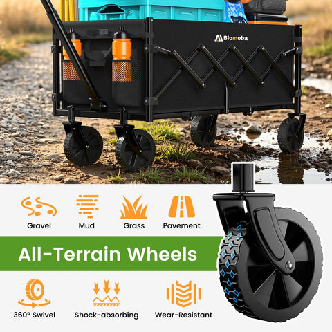 Extra Long 35 Inch Collapsible Wagon With Adjustable Handle Lightweight Foldable Cart With 360 Degree Swivel Wheels