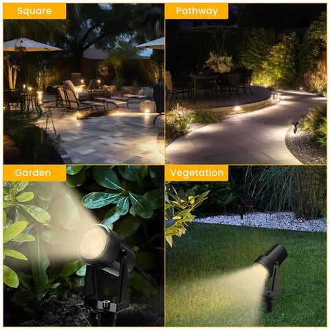 4 Pack Landscape Lighting Kit With Plug In Outdoor LED Spotlights Low Voltage 12V illuminating garden and pathways