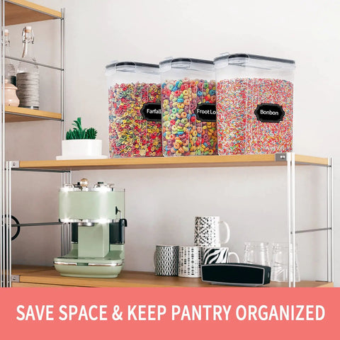 Six Piece Large Airtight Food Storage Containers With Lids 4L Cereal Canisters For Pantry Organization Includes 20 Labels And Marker