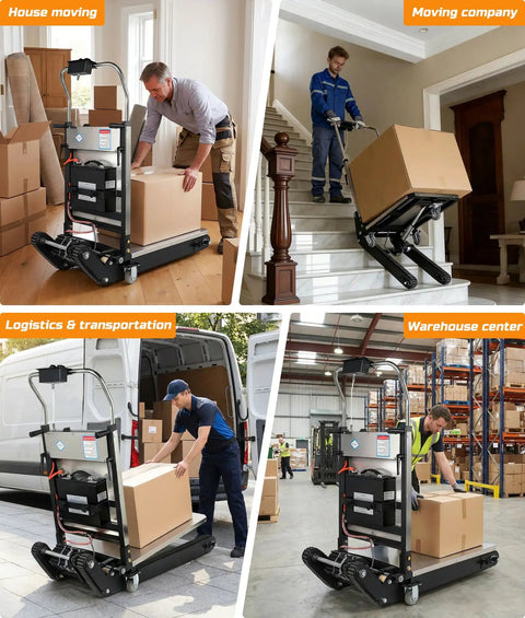 Heavy Duty Electric Stair Climbing Dolly With 1250W Motor And 900 Lbs Max Load, Folding Hand Truck in use for moving boxes indoors and outdoors.