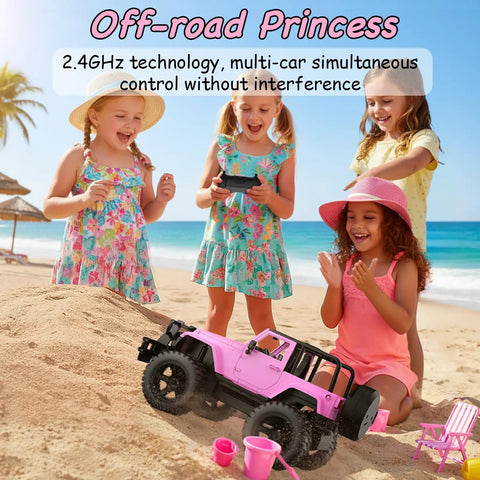 Jeep Licensed Pink 1:14 Scale Remote Control Car For Girls with LED, on beach with children playing, includes DIY stickers.