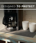 Absorbent Coffee Mat For Countertops 12 By 18 Inch Spill Catcher Pad under coffee maker with two white mugs.