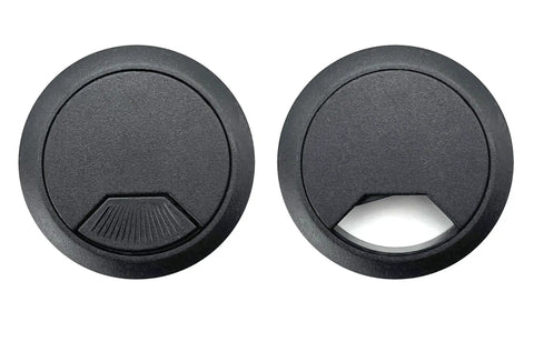 High Grade Desk Grommet Covers For Smart Cable Taming Keeps Your Setup Looking Slick And Clutter Free Fits Right Inside Two Inch Holes Thick Black Plastic Build Reliable Two Pack For Any Clean Office Desk Or Workstation.