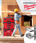 Level Mount Holder For Packout Tool Boxes And Organizers Compatible With All Aluminum Rail Packout Systems displayed by stacked toolboxes