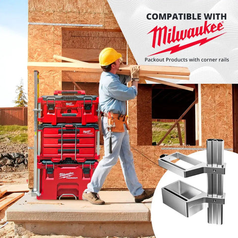 Level Mount Holder For Packout Tool Boxes And Organizers Compatible With All Aluminum Rail Packout Systems displayed by stacked toolboxes