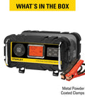 Fully Automatic 12V 15 Amp Bench Battery Charger And Maintainer with 40 Amp Engine Start, LCD display, and cable clamps visible