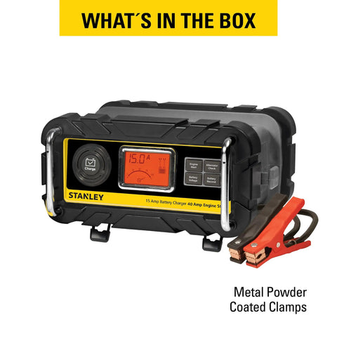 Fully Automatic 12V 15 Amp Bench Battery Charger And Maintainer with 40 Amp Engine Start, LCD display, and cable clamps visible