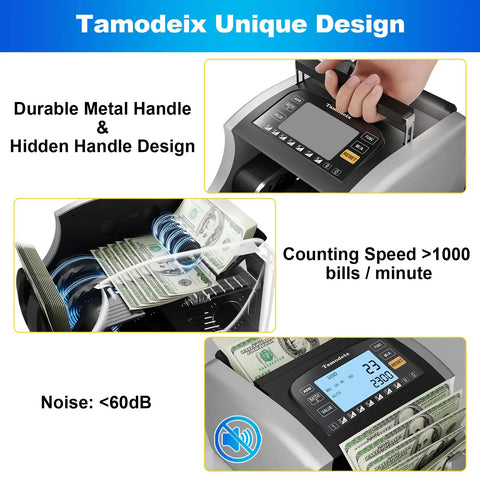 Smart Money Counter Machine For Cash Bills With UV MG IR Counterfeit Detection And LCD Display showing detailed features
