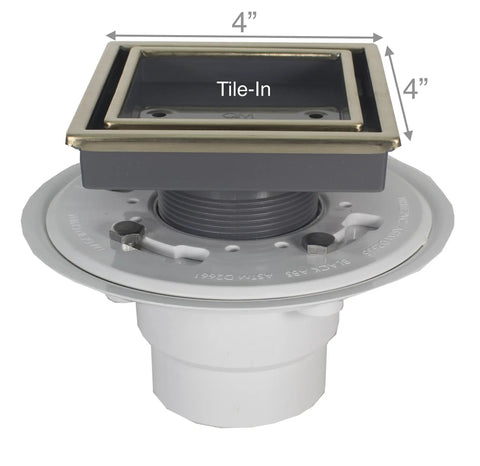 Tile In Shower Drain Kit In Gold With Marine 316 Stainless Steel Frame And ABS Base Lagos Veil Line Includes Hair Strainer And Key