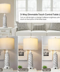 Two Modern 26 Inch Table Lamps With USB A And USB C Ports, 3 Way Dimmable Touch Control, White Linen Shade, Resin Coastal White Gray