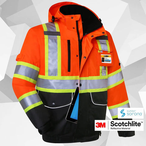 Hi Vis Winter Bomber Jacket With 10 Pockets Waterproof 3M Reflective For Men And Women Detachable Hood front view