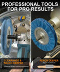 Pro Grade Aluminum Polishing Kit for Angle Grinder with blue airway buffing wheel and extension shaft in use