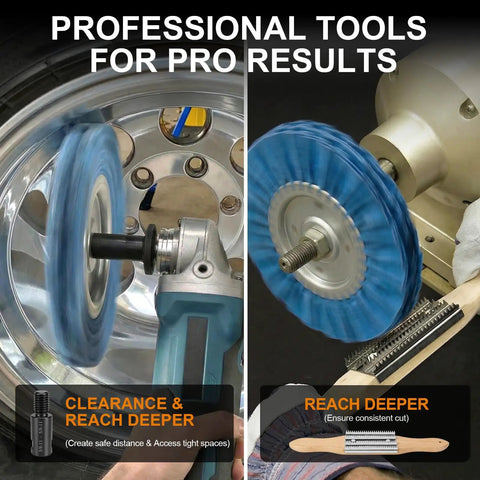 Pro Grade Aluminum Polishing Kit for Angle Grinder with blue airway buffing wheel and extension shaft in use