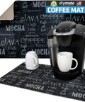 Coffee Bar Mat For Espresso Station Protects Countertops From Spills And Scratches With Absorbent Waterproof Washable Construction Sized 12 By 20 Inches USA Made Java Chalkboard Design under coffee maker