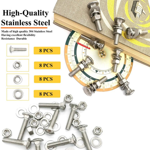 Image of 5/16-18 Carriage Bolts 1-1/2 Inch Round Head Square Neck Set with 304 Stainless Steel Hex Nuts Flat Washers Spring Lock Washers Full Thread All-In-One Square Neck Bolts Assortment Kit, showing components on a table.