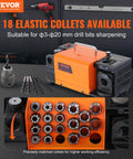 Heavy Duty Drill Bit Sharpener For Professionals And DIY Heroes, Precise 3mm To 20mm Grinding With Adjustable Point Angle, Includes 18 Collets.