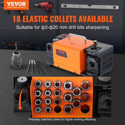 Heavy Duty Drill Bit Sharpener For Professionals And DIY Heroes, Precise 3mm To 20mm Grinding With Adjustable Point Angle, Includes 18 Collets.