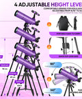 4 adjustable height levels of portable 80mm aperture telescope for kids and adults high power 500mm refractor purple