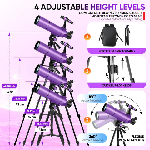 4 adjustable height levels of portable 80mm aperture telescope for kids and adults high power 500mm refractor purple