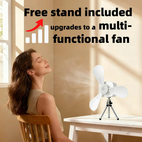 Rechargeable Portable Ceiling And Desk Fan With Light And Remote 11 Inch Camping RV Tent Fan on table with woman enjoying breeze