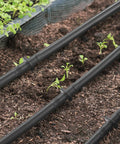 Ultimate 300 Piece Drip Irrigation Fittings Kit For Quarter Inch Tubing installed in garden soil with young plants visible