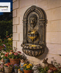 Wall Mounted Outdoor Fountain With 3 Tier Cascade, Adjustable Flow And LED Lights, Bronze Resin Garden Fountain For Patio