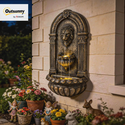 Wall Mounted Outdoor Fountain With 3 Tier Cascade, Adjustable Flow And LED Lights, Bronze Resin Garden Fountain For Patio
