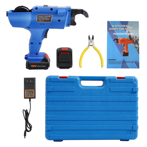 Dynamo Automatic Rebar Tying Machine With 2 X 1800 Mh Batteries Portable Cordless Electric Reinforcing Tier Gun For Steel Mesh Cages And Structures 8-34Mm Range Blue with accessories and carrying case.