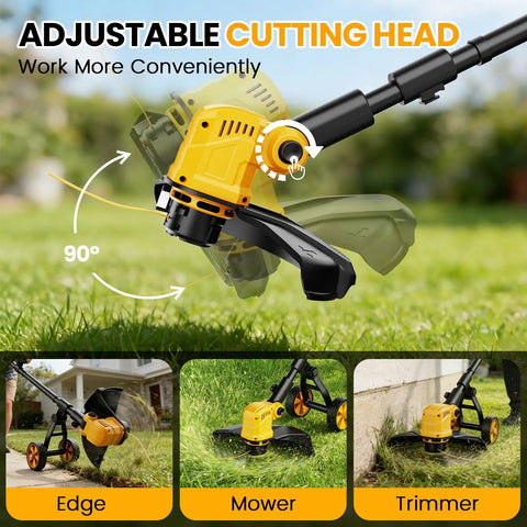 Cordless String Trimmer With Wheels, 14-Inch Cut, Dual 21V 3.0Ah Batteries, 750W Electric Weed Eater with adjustable cutting head