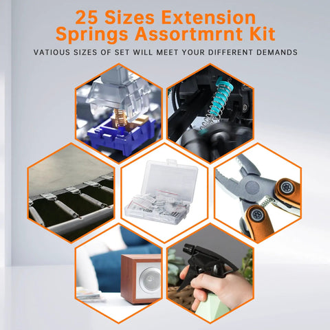 Ultimate 100 Piece Extension Spring Kit With 25 Sizes, Stainless Steel Coils, various uses shown in hexagons