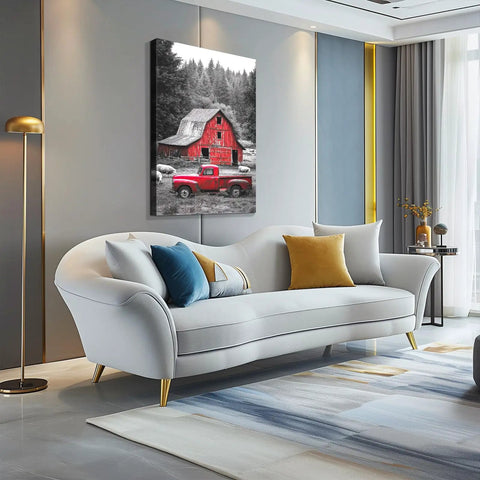 Cozy Rustic Farmhouse Wall Art 24x36 Inch Red Barn Scene With Vintage Red Truck And Sheep, Classic Canvas Print in modern living room