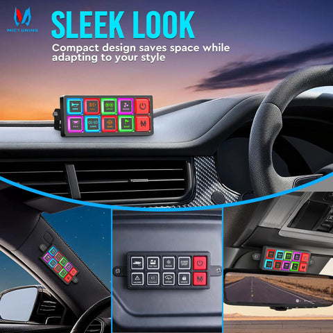 8 Gang Neon Switch Panel With Backlit Silicone Buttons P4 Momentary Toggle Strobe On Off mounted on vehicle dashboard