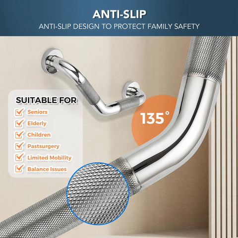 Angled Shower Grab Bar 1-1/4 By 16 Inch Knurled Stainless Steel Safety Bar For Seniors And Handicap Bathrooms Wall Mount With Polished Nickel Finish And 15 Inch Hole Center close-up showing knurled grip and wall mount
