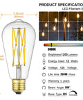LED Edison Bulb Dimmable 12W 3000K Soft White 1200 Lumens 100W Equivalent E26 Base ST64 Clear Glass Vintage Bulbs