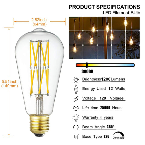 LED Edison Bulb Dimmable 12W 3000K Soft White 1200 Lumens 100W Equivalent E26 Base ST64 Clear Glass Vintage Bulbs