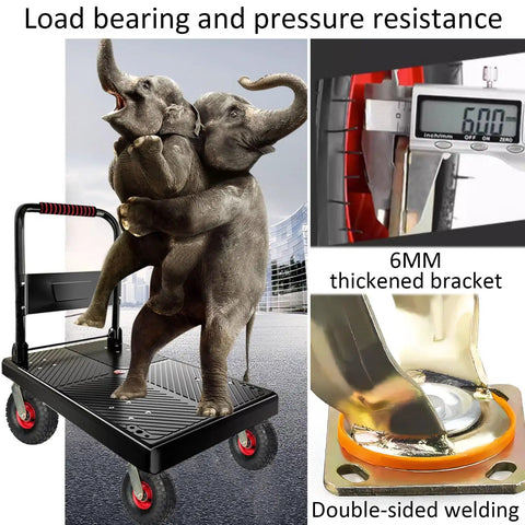 Heavy Duty 10 Inch Pneumatic Swivel Casters 4 Pack shows sturdy cart with elephants, showcasing load support and detail of steel bracket.