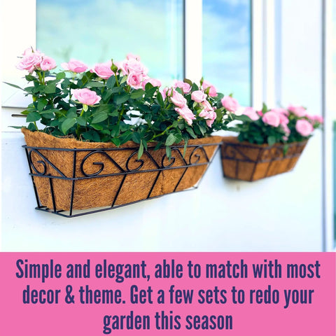 Two Pack 16 Inch Rectangular Metal Wall Planters For Outdoor Plants, Balcony Rail Garden Baskets With Coco Liners