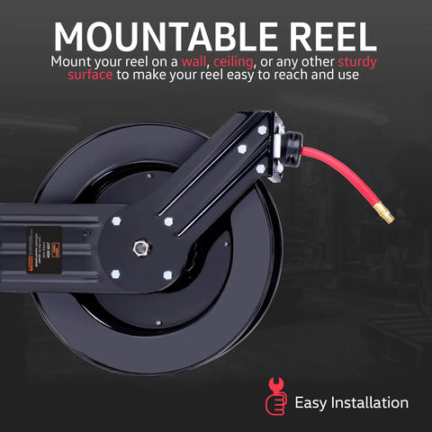 Mountable Reel - Industrial Retractable Air Hose Reel Three Eighth Inch By Fifty Feet Premium Hybrid Polymer Hose With Steel Construction And Spring Driven Beastly Ultra Heavy Duty For Indoor And Outdoor Use