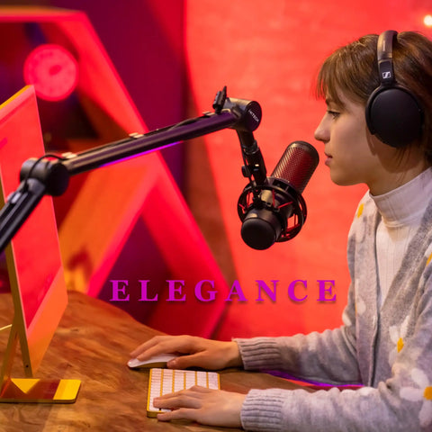 Person using Adjustable Dope Broadcast Microphone Arm With Desk Mount 360 Degree Rotatable Scissor Arm for podcasting at desk