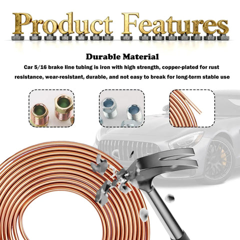 25 Ft Five Sixteenths Inch Brake Line Kit Pro Grade Copper Plated Iron Tubing With Sixteen Inverted Tube Nuts For Car Brake Repair Flexible Five Sixteenths Inch Brake Lines Set shown against car with durability feature.