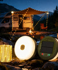 Retractable 33ft Solar Camping String Lights 4 In 1 Lantern With 8 Modes Portable Rechargeable Camp Lamp for outdoor use.