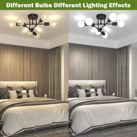 Comparison of different bulbs with modern black ceiling light in bedroom. Left: warm lighting effect; Right: cool lighting effect.