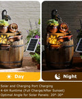 Solar Powered Rustic Barrel Water Fountain With LED Lights, 29 Inch Tall 4 Tier Cascading Outdoor Waterfall for garden