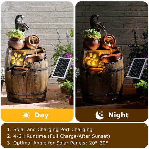 Solar Powered Rustic Barrel Water Fountain With LED Lights, 29 Inch Tall 4 Tier Cascading Outdoor Waterfall for garden