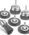 Six Piece Carbon Steel Wire Brush Set For Drills With Cup Brushes Wheel Brushes And Pen Brush One Quarter Inch Hex Shank Attachments